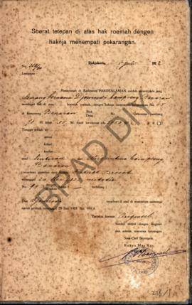 Surat ketetapan di atas hak rumah dengan haknya menempati pekarangan dari Pemerintah di Kadipaten...