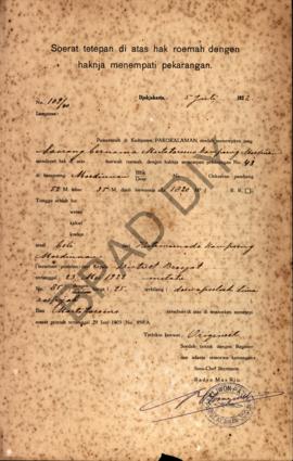 Surat ketetapan di atas hak rumah dengan haknya menempati pekarangan dari Pemerintah di Kadipaten...
