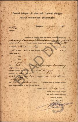 Surat ketetapan di atas hak rumah dengan haknya menempati pekarangan dari Pemerintah  di Kadipate...