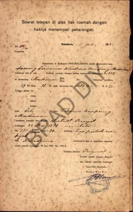 Surat ketetapan di atas hak rumah dengan haknya menempati pekarangan dari Pemerintah  di Kadipate...