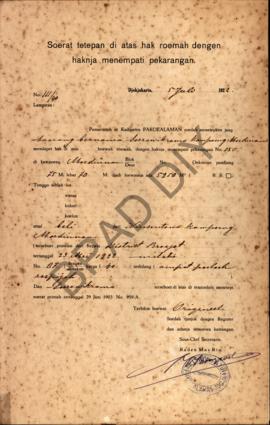 Surat ketetapan di atas hak rumah dengan haknya menempati pekarangan dari Pemerintah di Kadipaten...