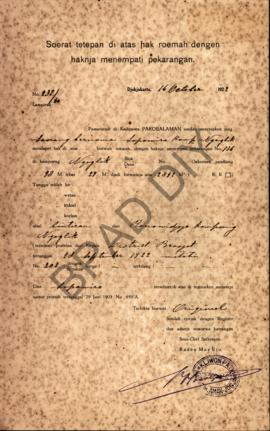 Surat ketetapan di atas hak rumah dengan haknya menempati pekarangan dari Pemerintah di Kadipaten...