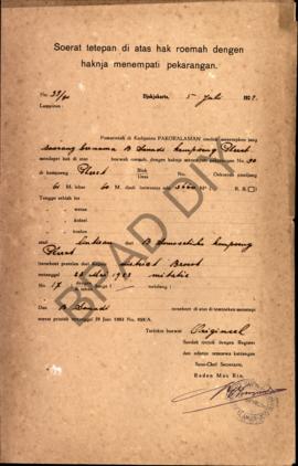 Surat ketetapan di atas hak rumah dengan haknya menempati pekarangan dari Pemerintah di Kadipaten...