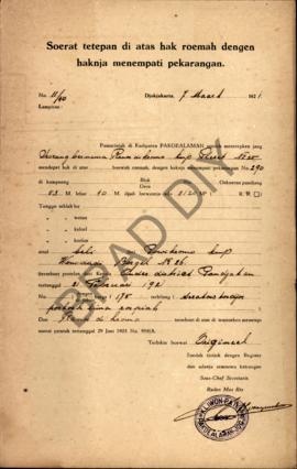 Surat ketetapan di atas hak rumah dengan haknya menempati pekarangan dari Pemerintah di Kadipaten...