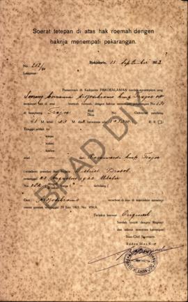 Surat ketetapan di atas hak rumah dengan haknya menempati pekarangan dari Pemerintah di Kadipaten...