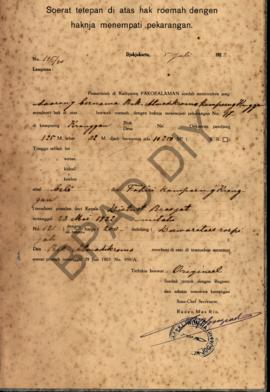 Surat ketetapan di atas hak rumah dengan haknya menempati pekarangan dari Pemerintah di Kadipaten...