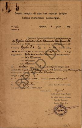 Surat tetapan di atas hak rumah dengan haknya menempati pekarangan dari pamarentah di Kadipaten P...