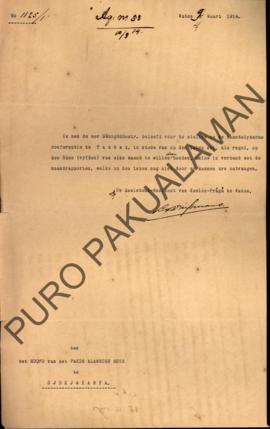 Konsep surat dari Pangeran Adipati Ario Praboe, kepada Direktur Sultanaatswerken, perihal meminta...