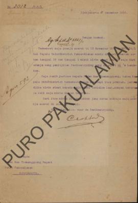 Surat dari Controleur kepada Raden Mas Tumenggung. Bupati Patih Pakualaman No.3012/P.B/1, perihal...