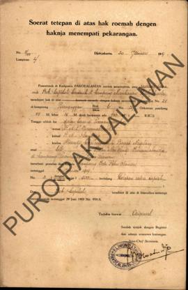 Surat Ketetapan diatas hak rumah dengan haknya menempati pekarangan dari Pemerintah Kadipaten Pak...