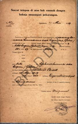 Surat ketetapan di atas hak rumah dengan haknya menempati pekarangan dari Pamarentah di Kadipaten...