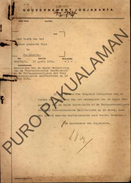 Surat No.388/33/s/ dari Gubernur Yogyakarta kepada Pakualaman perihal salinan dari memorandum dar...