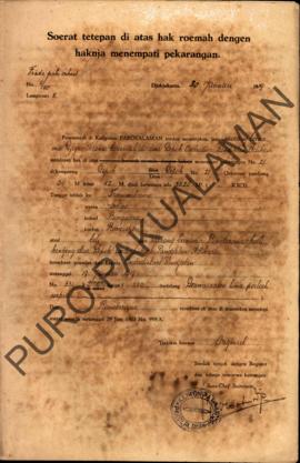 Surat Ketetapan diatas hak rumah dengan haknya menempati pekarangan dari Pemerintah Kadipaten Pak...