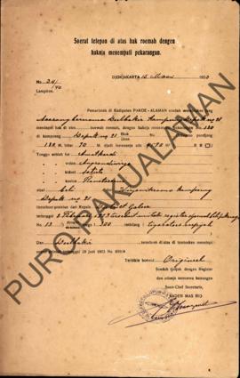 Surat Ketetapan diatas hak rumah dengan haknya menempati pekarangan dari Pemerintah Kadipaten Pak...