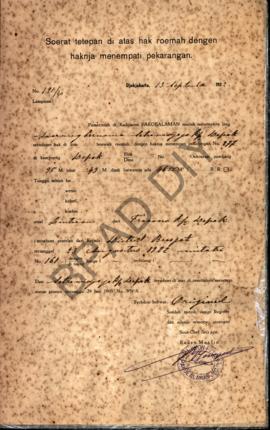 Surat ketetapan di atas hak rumah dengan haknya menempati pekarangan dari Pemerintah  di Kadipate...