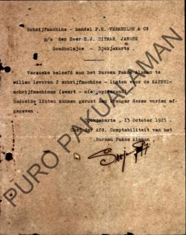 Surat dari Chef der Afd.Comptabiliteit Van Het Burean Pakualaman untuk H.J Dithar Jansse tentang ...