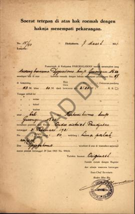 Surat ketetapan di atas hak rumah dengan haknya menempati pekarangan dari Pemerintah di Kadipaten...