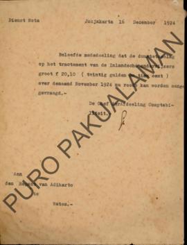 Memo dari Bupati Adikarto di Wates tentang biaya hidup uang saku untuk gaji Guru sebesar f .20.10...