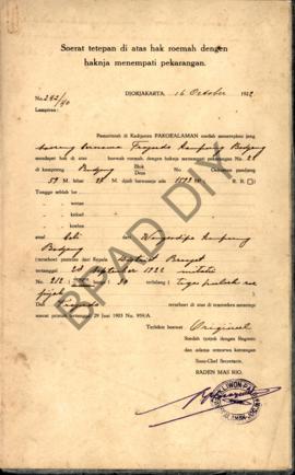Surat ketetapan di atas hak rumah dengan haknya menempati pekarangan dari Pemerintah  di Kadipate...