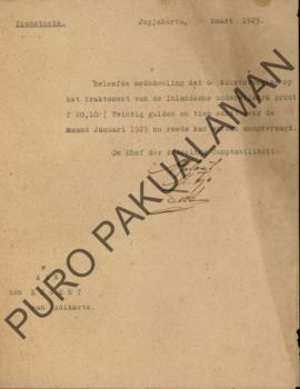 Surat pemberitahuan dari Bupati Adikarto tentang biaya hidup uang saku untuk gaji Guru sebesar f ...