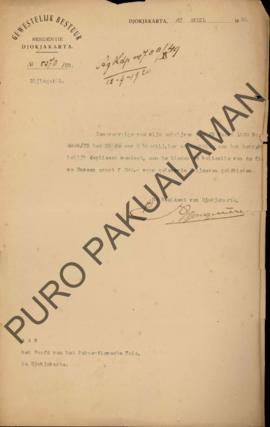 Surat dari Resident Jogjakarta untuk Kepala Pakualaman, tentang mandat penerimaan perusahaan Duve...