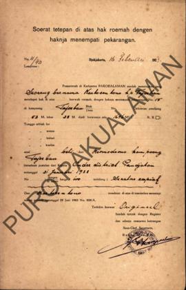 Surat Ketetapan diatas hak rumah dengan haknya menempati pekarangan dari Pemerintah Kadipaten Pak...