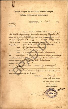 Surat tetapan di atas hak rumah dengan haknya menempati pekarangan dari pamarentah di Kadipaten P...