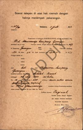 Surat ketetapan di atas hak rumah dengan haknya menempati pekarangan dari Pemerintah di Kadipaten...