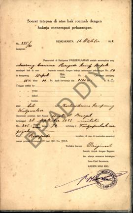 Surat ketetapan di atas hak rumah dengan haknya menempati pekarangan dari Pemerintah di Kadipaten...