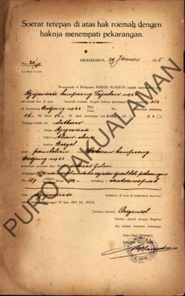 Surat Ketetapan diatas hak rumah dengan haknya menempati pekarangan dari Pemerintah Kadipaten Pak...