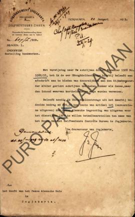 Berkas Surat dari Gubernur Yogyakarta untuk Pakulaman Huis perihal pemesanan dan pembelian Boekwe...
