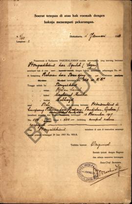 Surat ketetapan di atas hak rumah dengan haknya menempati pekarangan dari Pemerintah di Kadipaten...