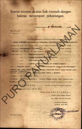 Surat Ketetapan diatas hak rumah dengan haknya menempati pekarangan dari Pemerintah Kadipaten Pak...