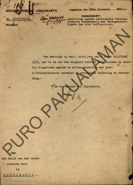 Surat dari Gubernur Yogyakarta kepada kepala Pakualaman perihal tambahan agenda Konferensi Gubern...