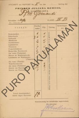 Laporan hasil belajar Saudara RM.Goenandi tahun ajaran 1920/1921 kelas IV B Sekolah Princes Julia...