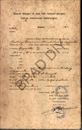Surat ketetapan di atas hak rumah dengan haknya menempati pekarangan dari Pemerintah di Kadipaten...