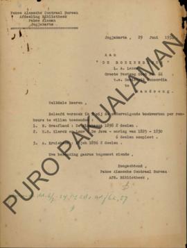 Surat dari Kantor Pusat Pakualaman bagian Perpustakaan kepada “De Boekenbeurs” (Penerbitan) L.A.L...