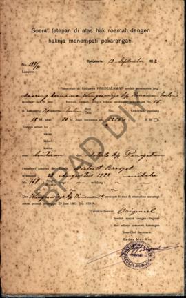 Surat ketetapan di atas hak rumah dengan haknya menempati pekarangan dari Pemerintah di Kadipaten...