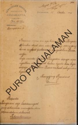 Resident kepada Sasraningrat ( diberi kuasa menjalankan pemerintahan Pakualaman ). Surat tanggal ...