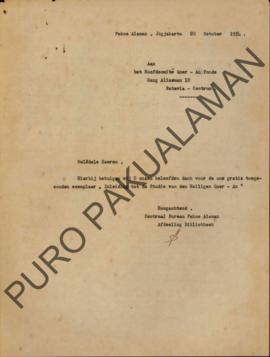 Surat dari Kantor Pusat Pakualaman bagian Perpustakaan kepada Kepala Komite Pendanaan Qur’an, per...