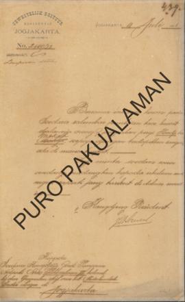 Resident kepada Pakualaman VI. Surat tanggal 4 Juli 1901 tentang Lembaran pemberitahuan untuk jal...