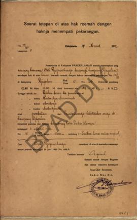 Surat tetapan di atas hak rumah dengan haknya menempati pekarangan dari pamarentah di Kadipaten P...