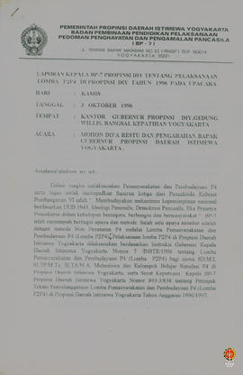 Laporan Kepala BP7 Provinsi DIY tentang pelaksanaan lomba P2P4 di Provinsi DIY tahun 1996 pada up...