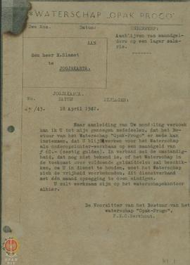 Surat dari Voorzitter van het Bestuur Waterschap “Opak-progo” ditujukan kepada Tuan Slamet di Yog...