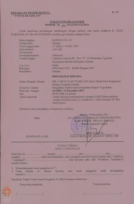 Surat Panggilan Saksi Nomor : B.4182/0.4.13/Ft.1/12/2011 tanggal 19 Desember 2011 dari  Kasi Tind...