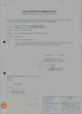 Nota perintah pembayaran Nomor : 018/NPP/V/2007 tanggal 26 Mei 2007 belanja lani-lain dana rehabi...