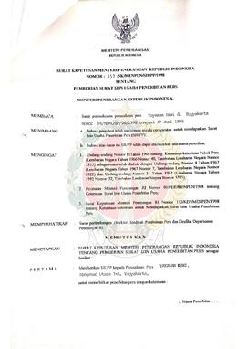 Berkas surat perihal pemberian Surat Izin Usaha Penerbitan Pers kepada Yayasan ESWI untuk penerbi...
