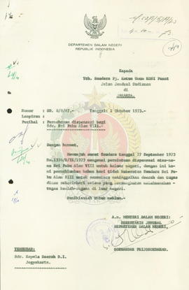 Permohonan dispensasi bagi Sri Paduka Paku Alam VIII dalam melaksanakan tugas keolahragaan di Lua...