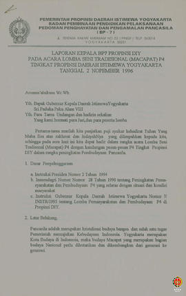 Laporan Kepala BP 7 Provinsi DIY pada acara lomba seni tradisional (macapat) P4 tingkat Provinsi ...