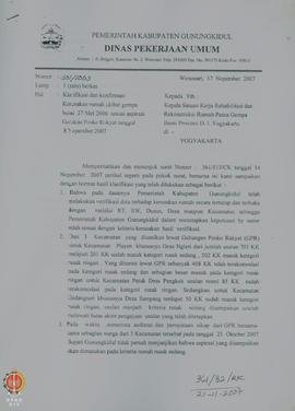 Surat dari Kepala Dinas Pemerintah Kabupaten Gunungkidul Dinas Pekerjaan Umum kepada Kepala Satua...